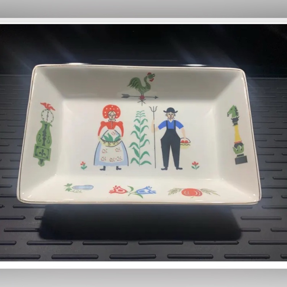 Vintage Royal Sealy Ceramic Serving Dish with Folk Art Design Dutch Amish